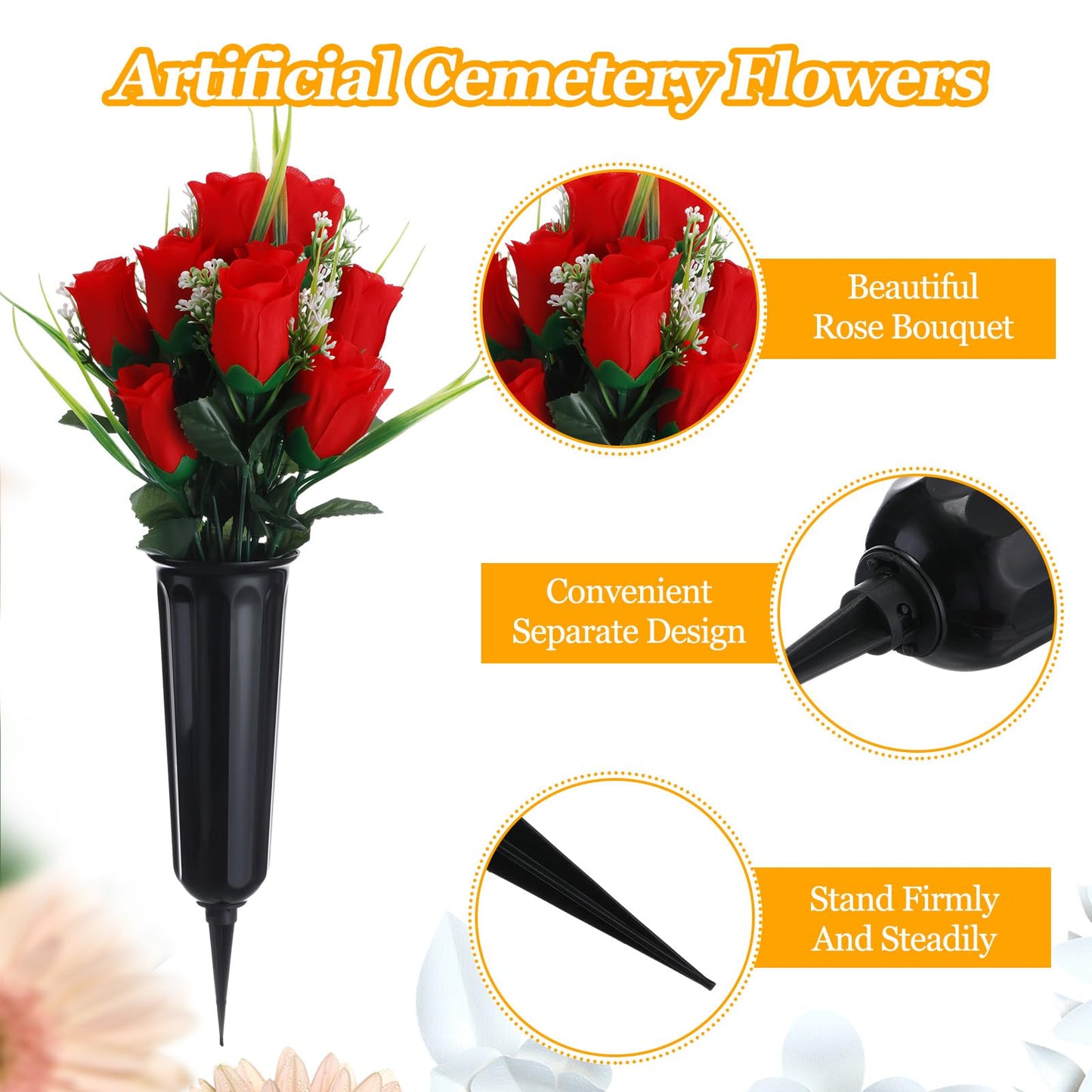 Tigeen 6 Sets Father's Day Cemetery Flowers with Grave Vase 12 Bunches Artificial Rose Memorial Bouquet 84 Heads Fake Silk Flower for Dad Gravesite Graveside Decor(Red)