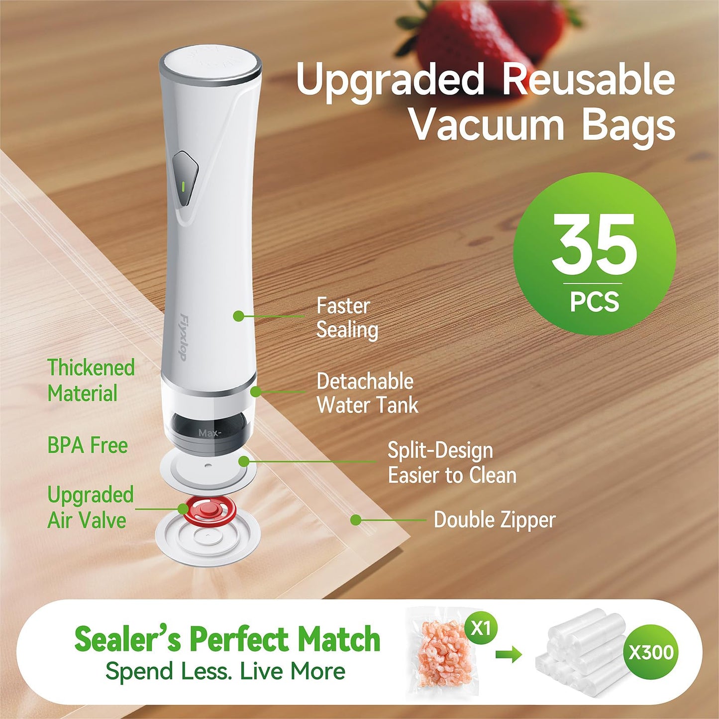 Fiyxlop Handheld Vacuum Sealer, Premium Vacuum Sealer for Food + 35 Reusable Sous Vide Bags, Powerful Vacuum Food Sealer for Kitchen, Home, BBQ, Travel