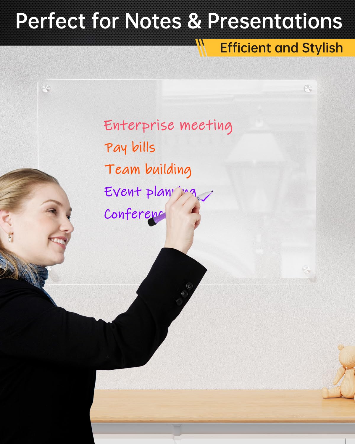 Clear Acrylic Dry-Erase Board 24x16 | Transparent Wall-Mount Writing Panel | Includes 8 Color Markers, Eraser, Standoff Screws & Install Kit | Ideal for Home & Office
