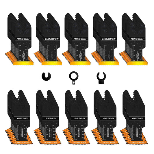 AMZWEI 100PCS Oscillating Tool Blades, Titanium & HCS Oscillating Saw Blades for Metal/Wood/Plastic Cutting, Curved Edge Multi Tool Blades Fit for Dewalt, Milwaukee, Makita, Ryobi, Rockwell