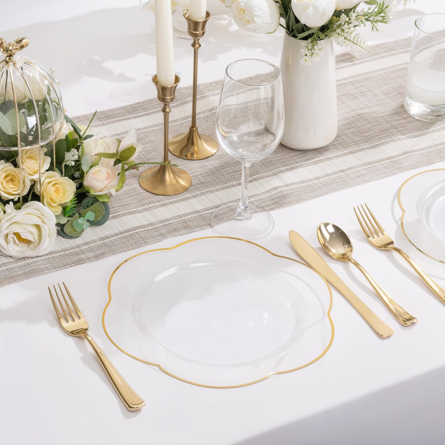 Liacere 100PCS Clear Plastic Plates - 10inch Disposable Floral Clear and Gold Dinner Plates - Perfect for Wedding & Party & Holiday & Floral & Baby Show