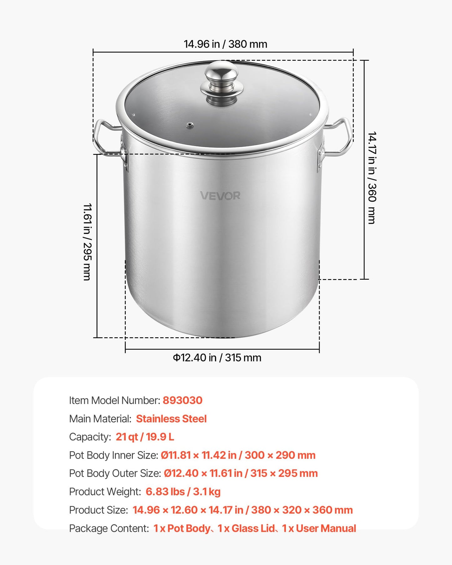VEVOR Stainless Steel Stock Pot, 21-Quart Stainless Steel Stockpot with Glass Lid, PFOA-Free, PFAS-Free, Compatible with Gas Stoves, Induction Cooktops, Electric Stoves, for Soups, Stews, and Pasta