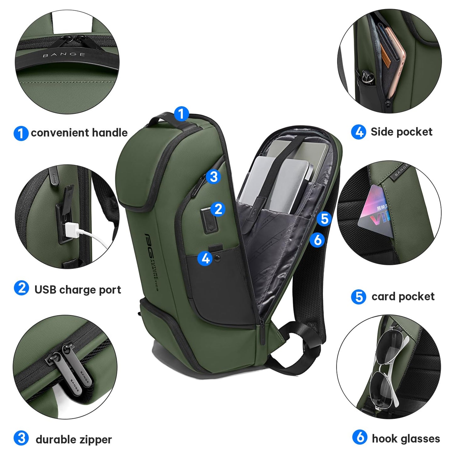 BANGE Business Laptop Smart backpack Can Hold 15.6 Inch Laptop Commute Backpack Carry on bag for men and women (Green)