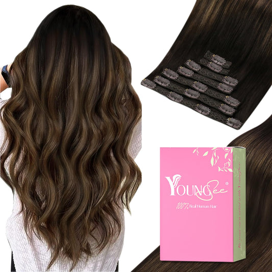 YoungSee Clip in Hair Extensions Human Hair Blayage Clip in Hair Extensions Real Human Hair Dark Brown Mix Medium Brown Highlights Brown Balayage Straight Hair Extensions Clip ins 18In 120G 7Pcs