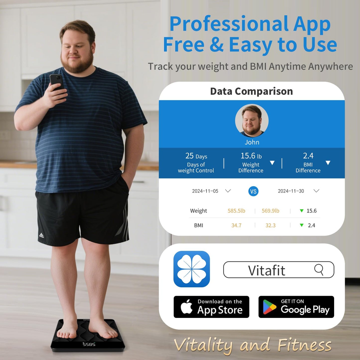 Vitafit FSA&HSA 660lb Weight Scale, Accuracy 0.1lb by Our Professional Scale Factory Since 2001,Smart Digital Scale for Body Weight BMI via APP, 8mm Non-Slip Tempered Glass 12.4" x 12.4",3xAAA, Black