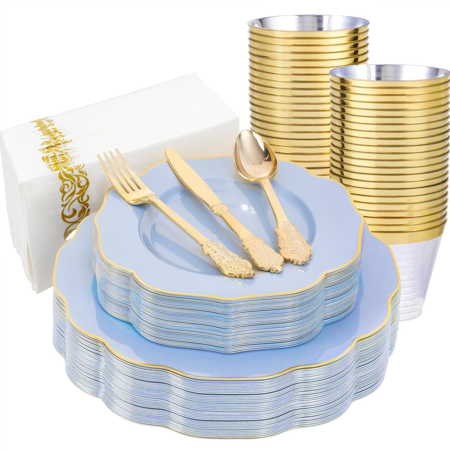 NOCCUR 175PCS Blue Plastic Plates with Gold Disposable Silverware - Include 50 Light Blue and Gold Plastic Plates,25 Knives,25 Forks,25 Spoons,25 Cups and 25 Napkins - Baby Shower/Party/Spring/Wedding
