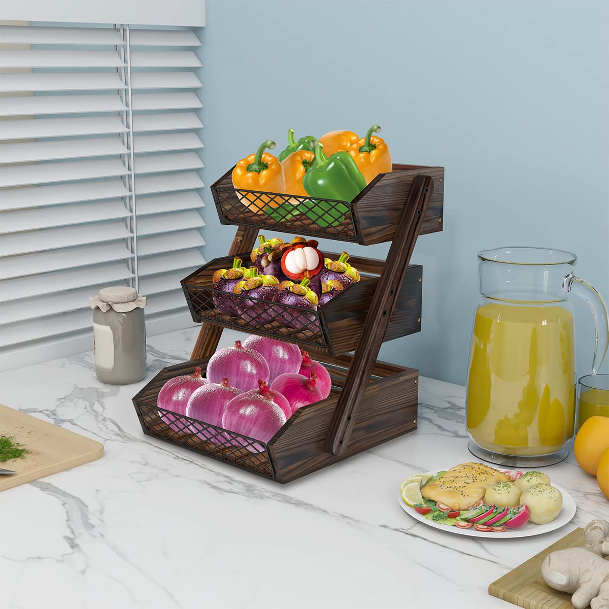 Dorhors Fruit Basket for Kitchen, 3 Tier Fruit Bowl for Kitchen Counter,Wooden Vegetable Holder for Countertop