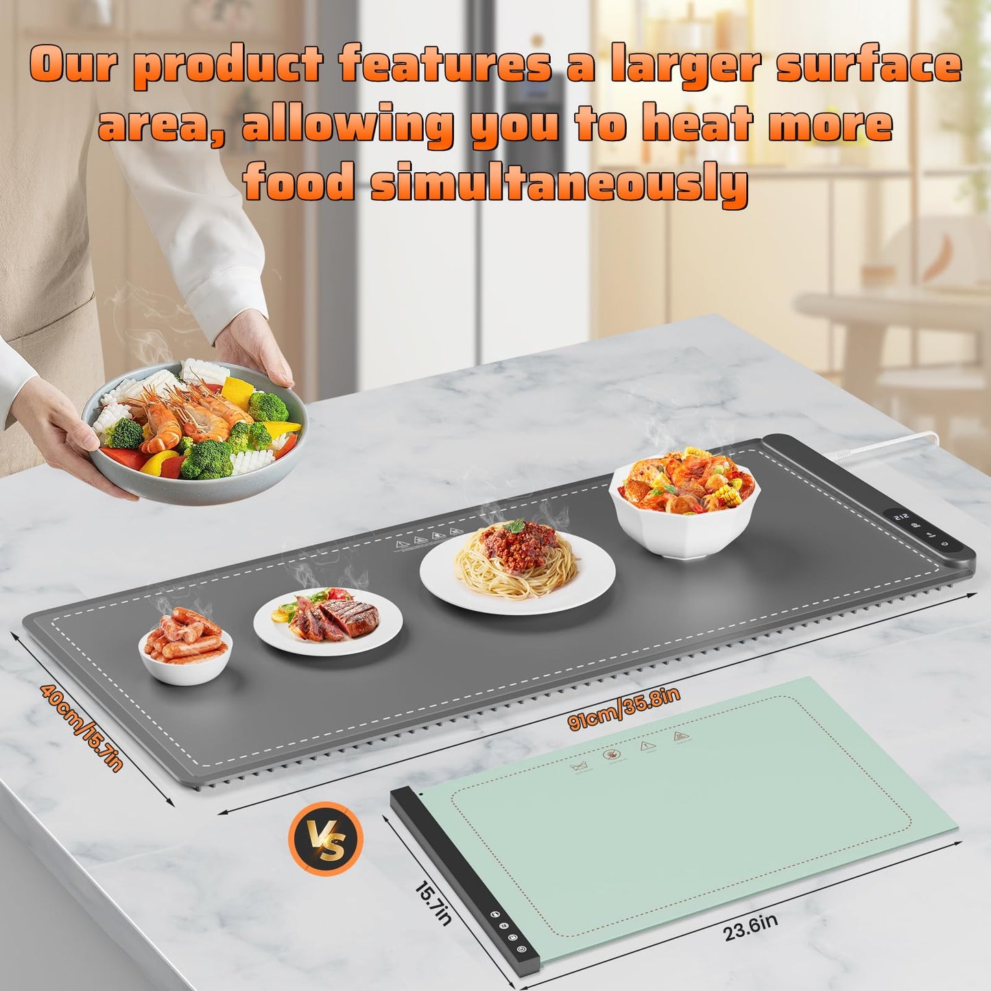 HYEDSM Fast Heating Warming Mat for Food, XL 36"x16", Electric Food Warmer with 6 Level Adjustable Temperature and 6 Hours Timer, Full-Surface Portable Warming Pad Trays for Buffets Party