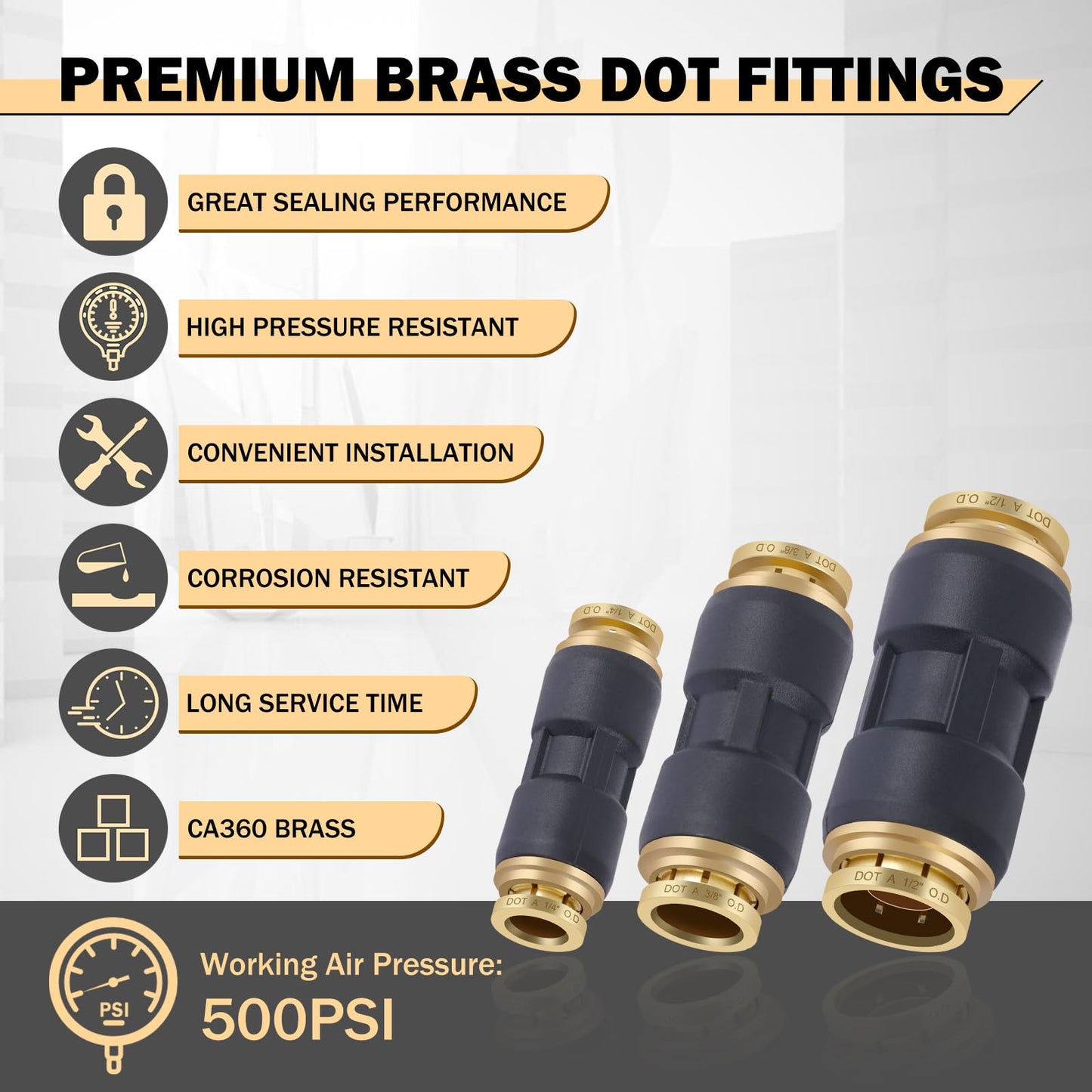 CheeMuii 30 PCS DOT Air Line Fittings 1/4" 3/8" 1/2" DOT Push Lock Air Fittings Brass and Plastic Straight Unions Quick Connect Air Hose Fittings Repair Kit