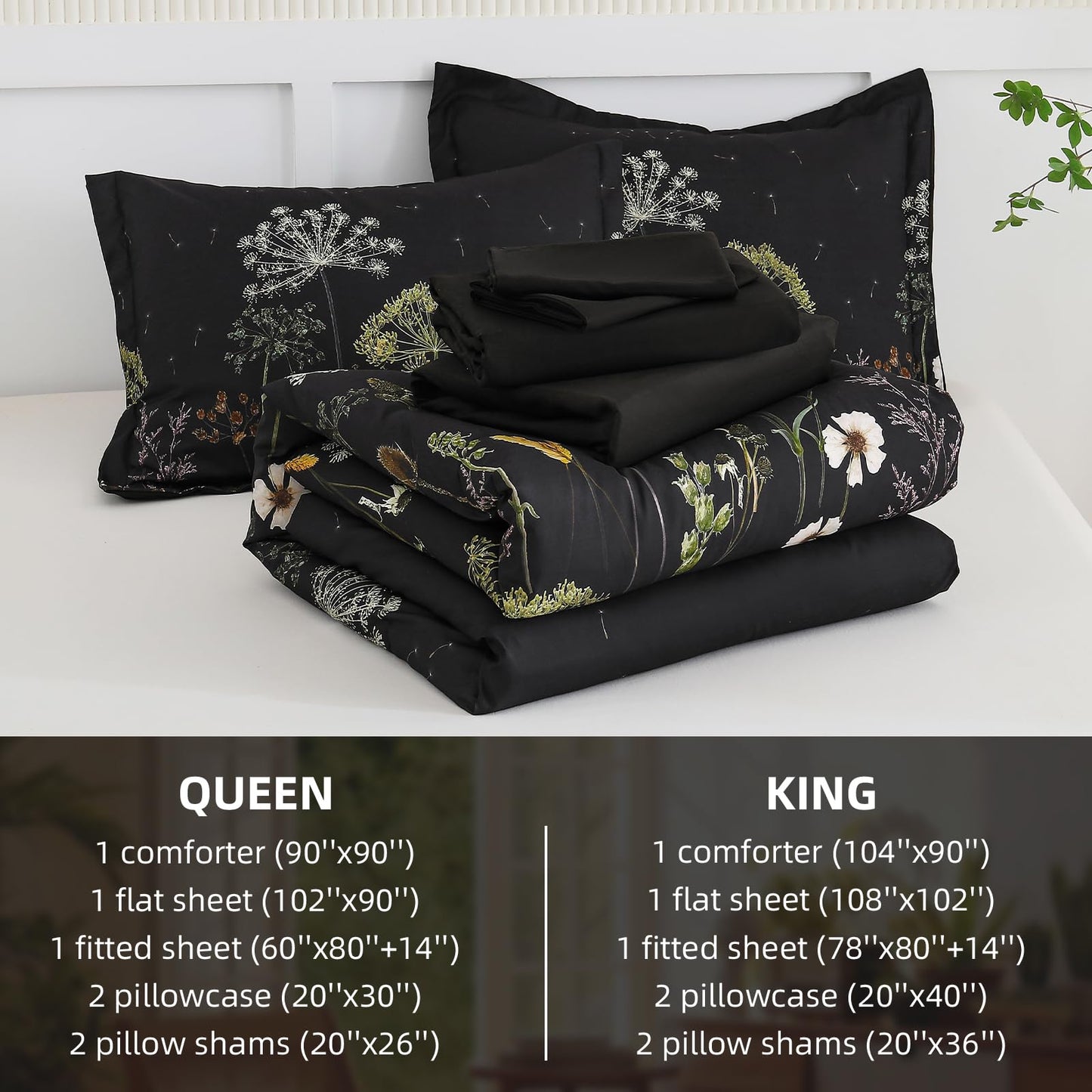 Yiran King Size Comforter Set, 7 Piece Comforter Floral Black Green Bedding Set, Soft Bed in a Bag King, Comforter, Sheets, Pillowcases & Shams