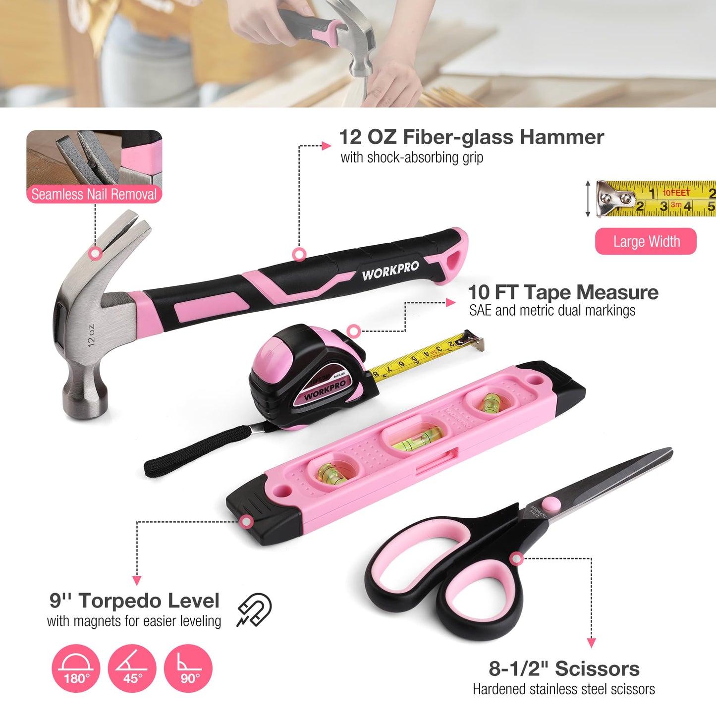 WORKPRO Pink Tool Set, 258 PCS Tool Kit for Women, Basic Household Tool Box with Hammer, Screwdriver Set, Portable Toolkit for Home Repair, New Apartment, House-Warming, DIY - Pink Ribbon