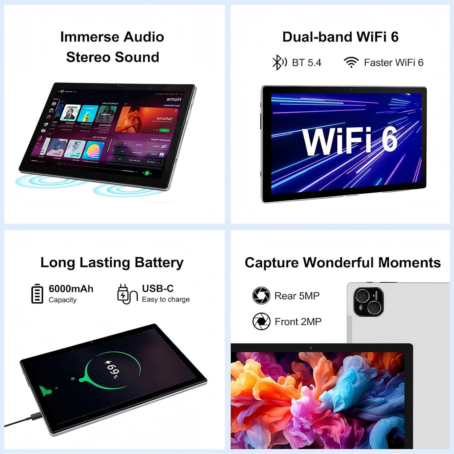 ATMPC Tablet 10 inch Android 14 Tablet with Octa Core Processor 12GB RAM 128GB ROM 1TB Expandable 1280x800 IPS Touchscreen, 6000mAh Battery, WiFi 6, BT 5.4, Dual Camera (Sliver)