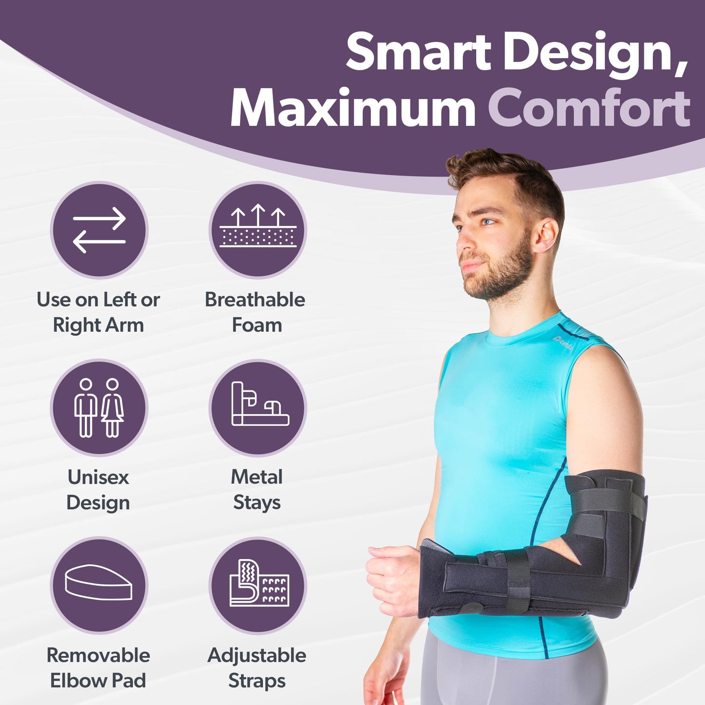BraceAbility Elbow Immobilizer Brace | Removable Long Arm Cast and Soft Forearm Orthosis Splint for Broken Supracondylar, Distal Humerus, Proximal Ulna Fracture or Olecranon Bursitis (S/M)