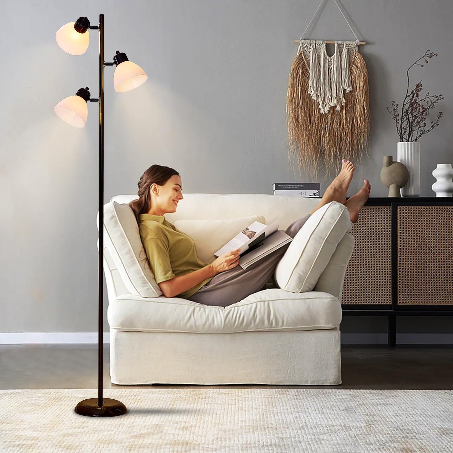 LTGSRC Modern Tree Floor Lamp for Living Room Bedroom, Tall Pole Standing Lamps with 3 Adjustable Rotating Heads for Office, Decor Corner, Reading Indoor, 3 Bright Lights LED Bulbs Included (Black)