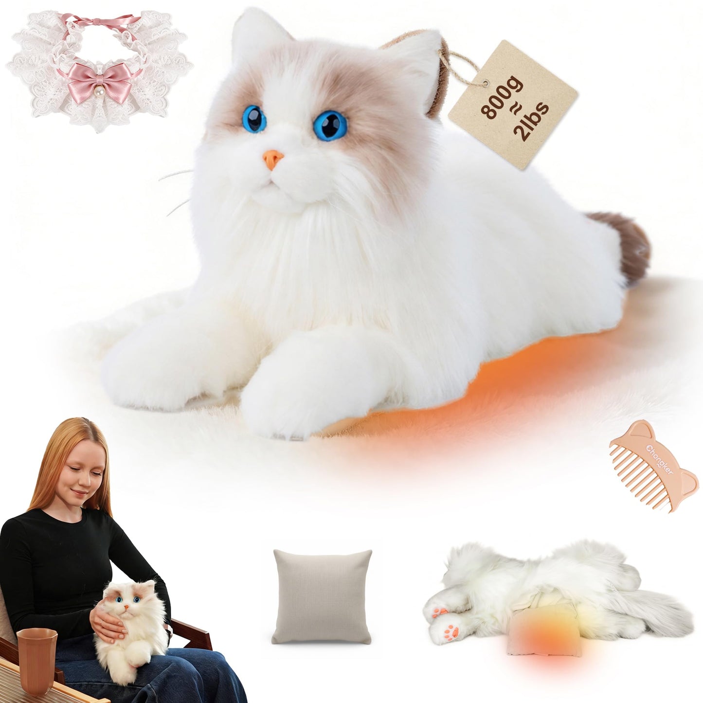 Chongker Microwavable & Weighted Stuffed Animals, 2lbs Heated Stuffed Animal Cat Plushies with Removable Heating Pad for Belly Neck Shoulder, Warmth Plush Toys for Adults Children