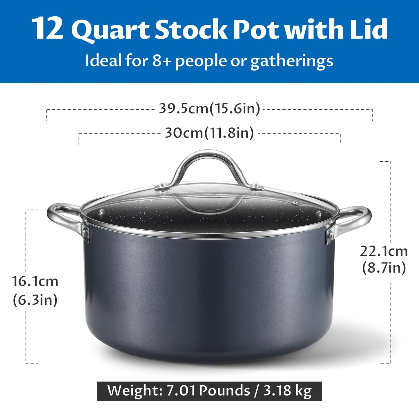 BEZIA 12 Quart Cooking Pot, Large Non Stick Induction Stock Pots with Lid, All Stove Compatible, 12 QT Aluminum Soup/Stew Pot For Big Gatherings, Grey