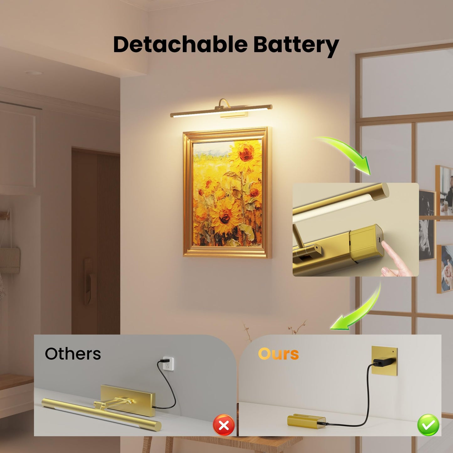 Craftersmark 24" Picture Lights for Wall with 8000mAh Battery - Brass Operated Wireless Wall Art Light with Remote Control for Large Portrait & Paintings Art