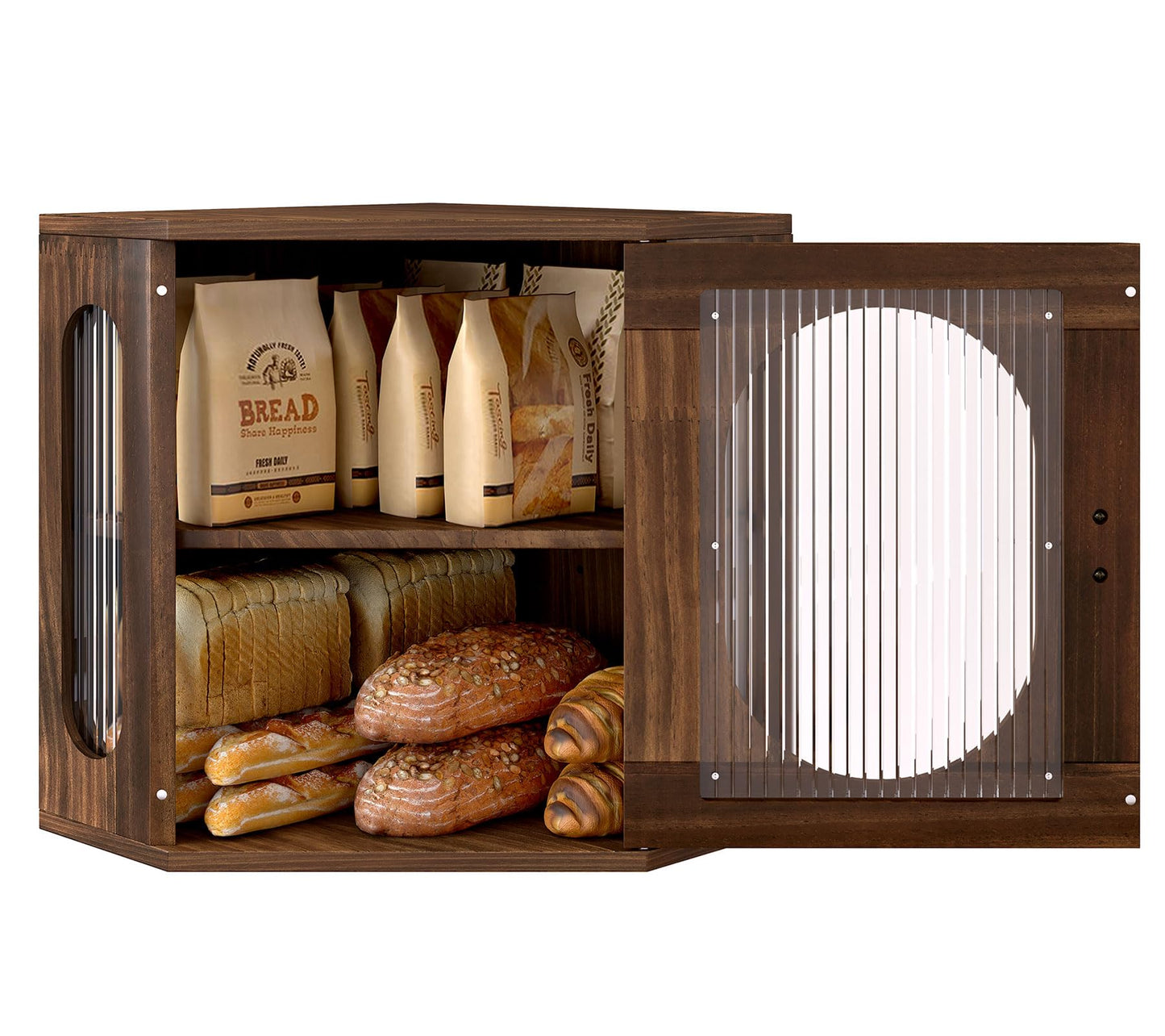 Alpeir Corner Bread Box for Kitchen Countertop, Thick Pine Wood Keep Freshness Longer, Adjustable Farmhouse Bread Storage Container with Window & Deli Papers for Homemade Bread, Baked, Retro Brown