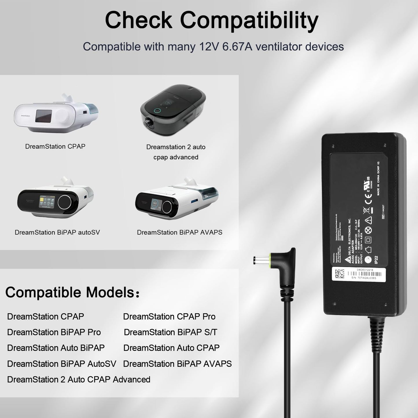 JUYOON 12V 6.67A AC Adapter for Philips 80W Charger DreamStation 2 Auto CPAP Advanced Power Supply Philips Ref 1144267 MEA080A12C 1118499 1005894 DreamStation Auto BiPAP Power Cord ADE022