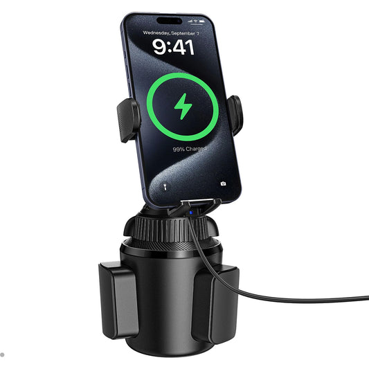 APPS2Car Solid Cup Holder Phone Mount for Car Wireless Charger 15W with Quick Extension Long Arm Fast Swivel Adjustable Height 360 Rotatable Low Profile for iPhone 15 Pro Max Plus 14 13 12 11 XS X