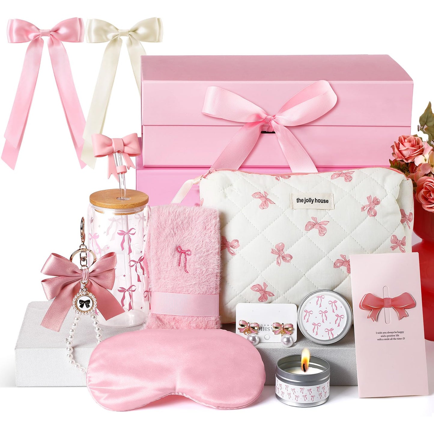 Skylety Pink Bow Gift Set Birthday Basket for Women Coquette Bow Teen Girl Happy Birthday Box Girl Gift for Her Friend Daughter Niece Women Sister Teenage