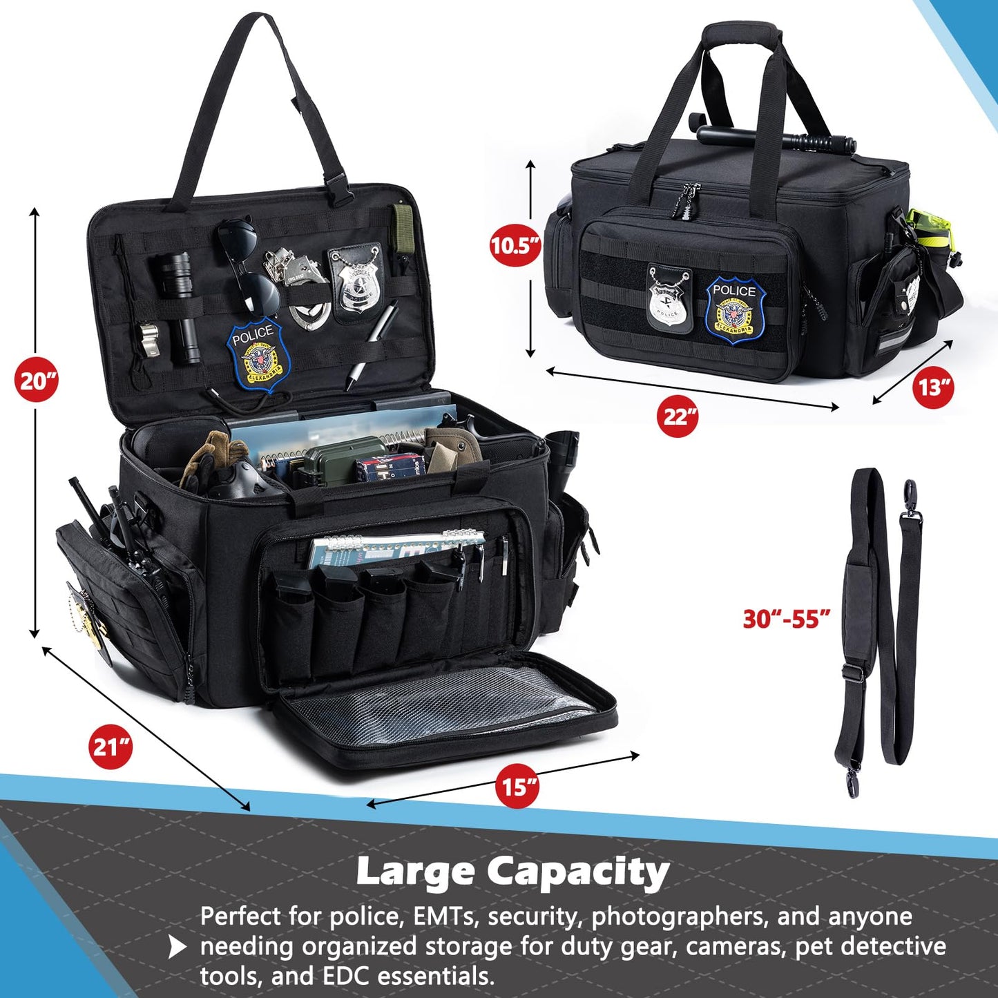 SPORJET Patrol Bag Law Enforcement - Police Duty Bag - Water Resistant Car Front Seat Organizer with 15.6" Laptop Storage and Molle System for Police Gear, EMTs, Cameras, Pet Detective Gear