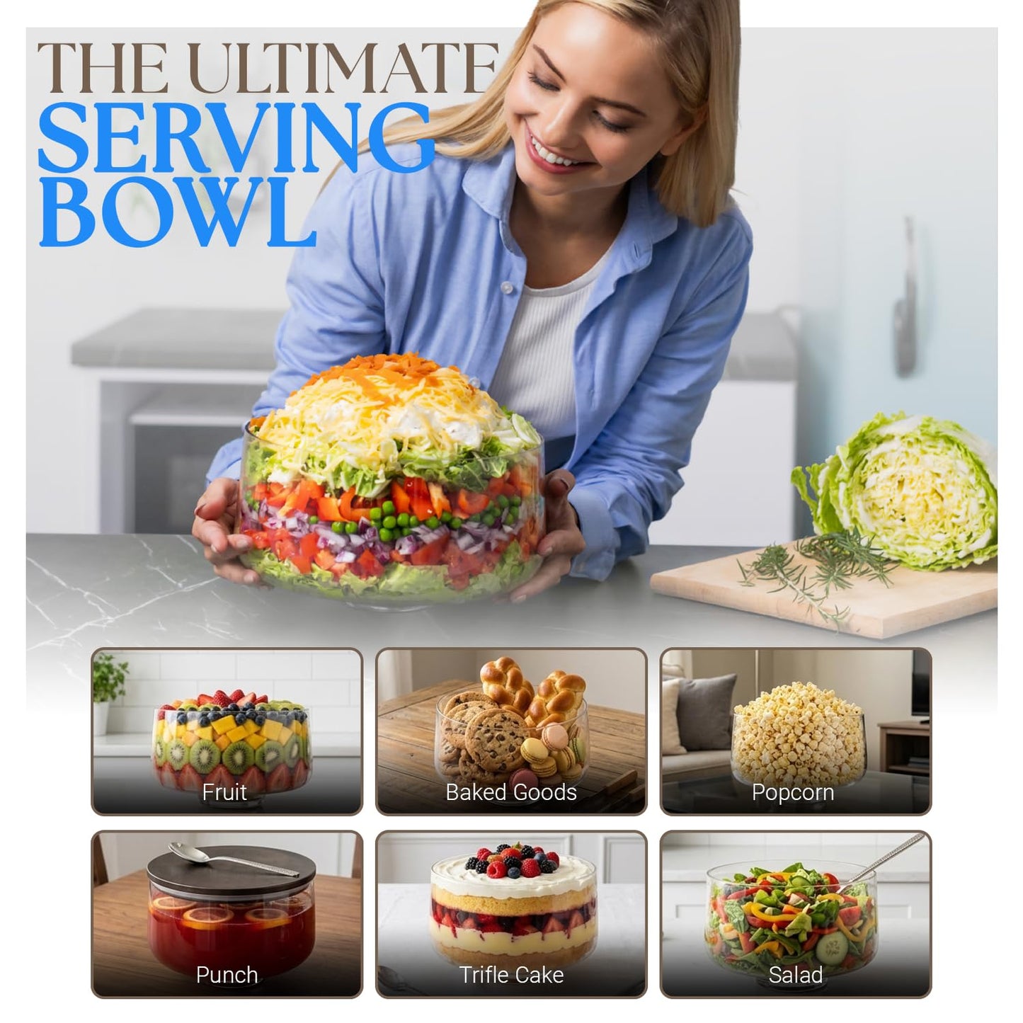 Large Trifle Bowl with Lid Set, 4.8Q (155oz) - Silver Serving Spoon & Acacia Wood Lid - Decorative Glass Mixing Bowl, Trifle Glass With Pedestal - Serving Bowl for Layered Desserts, Fruits, Salads,
