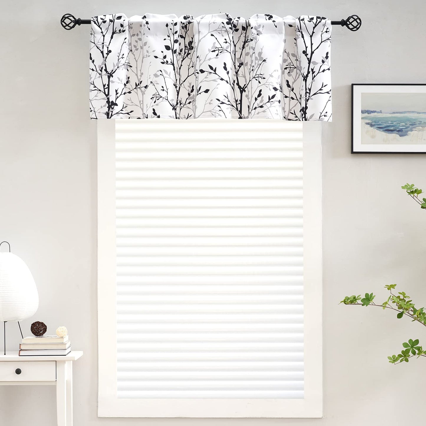 Luvyohmee Tree Branch Printed Valance Curtain, 18 inches Long Kitchen Valance, Black and Grey Window Valances for Kitchen, Bathroom, Dining Room, Living Room, Bedroom and Kid’s Room 4 Panels