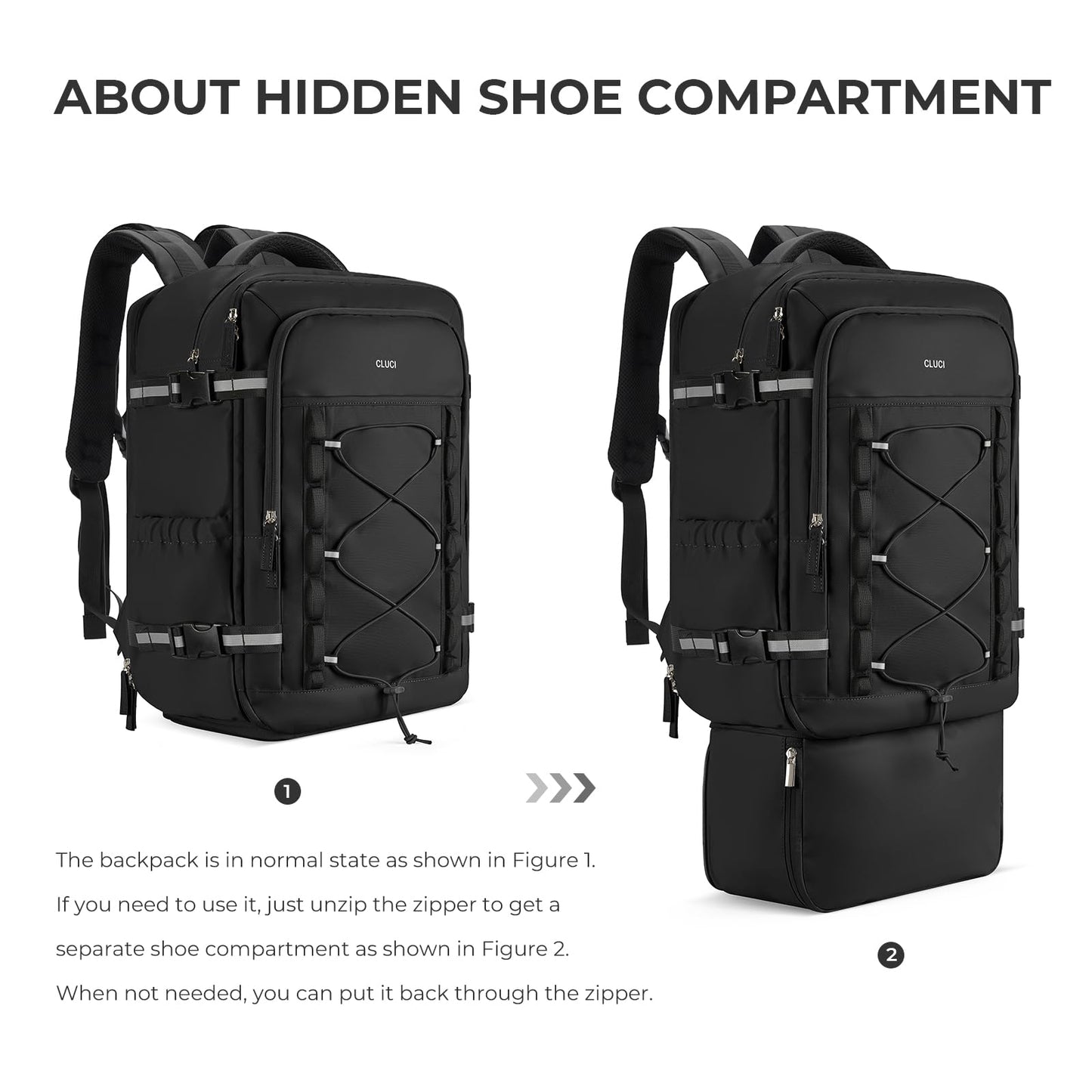 CLUCI Travel Backpack 30L, Waterproof Laptop Backpack Fits 17.3 Inch Laptop, Carry On Backpack with shoe compartment, Durable Expandable Go Bag, Large Hiking Backpack for Men Women（Black）