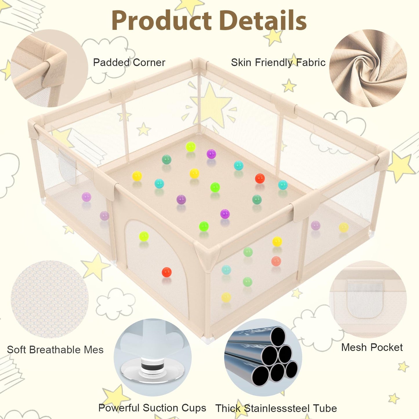 Playpen for Babies and Toddlers 50x50 inch - Baby Gate Playyard with Soft Breathable Mesh Cover - Indoor and Outdoor Baby Play Pen - Portable Playpen for Babies (Apricot)