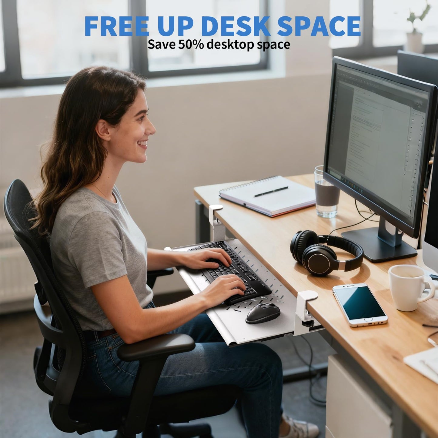 Strifuture Keyboard Tray Under Desk - Full Metal Slide Out Holder, Rust-Resistant & Scratch-Proof, Double C-Clamps, 26x13" Tray for L Shape/Regular Desks, Standing/Sitting Workstation(White-A)