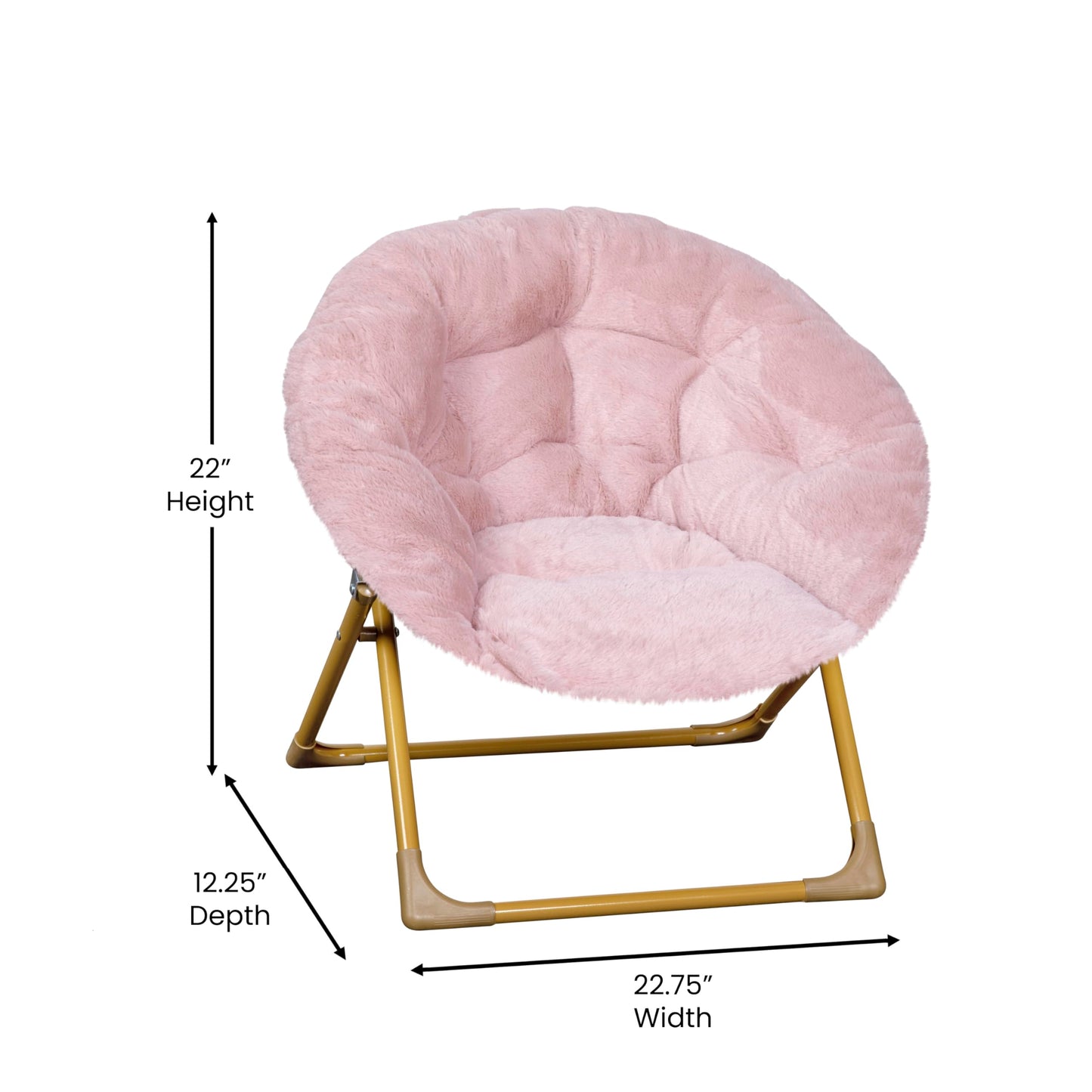 Flash Furniture Gwen Kids Cozy Mini Folding Saucer Chair - Blush Faux Fur Moon Chair - Soft Gold Metal Frame - 23" Portable Folding Chair For Living Room or Bedroom