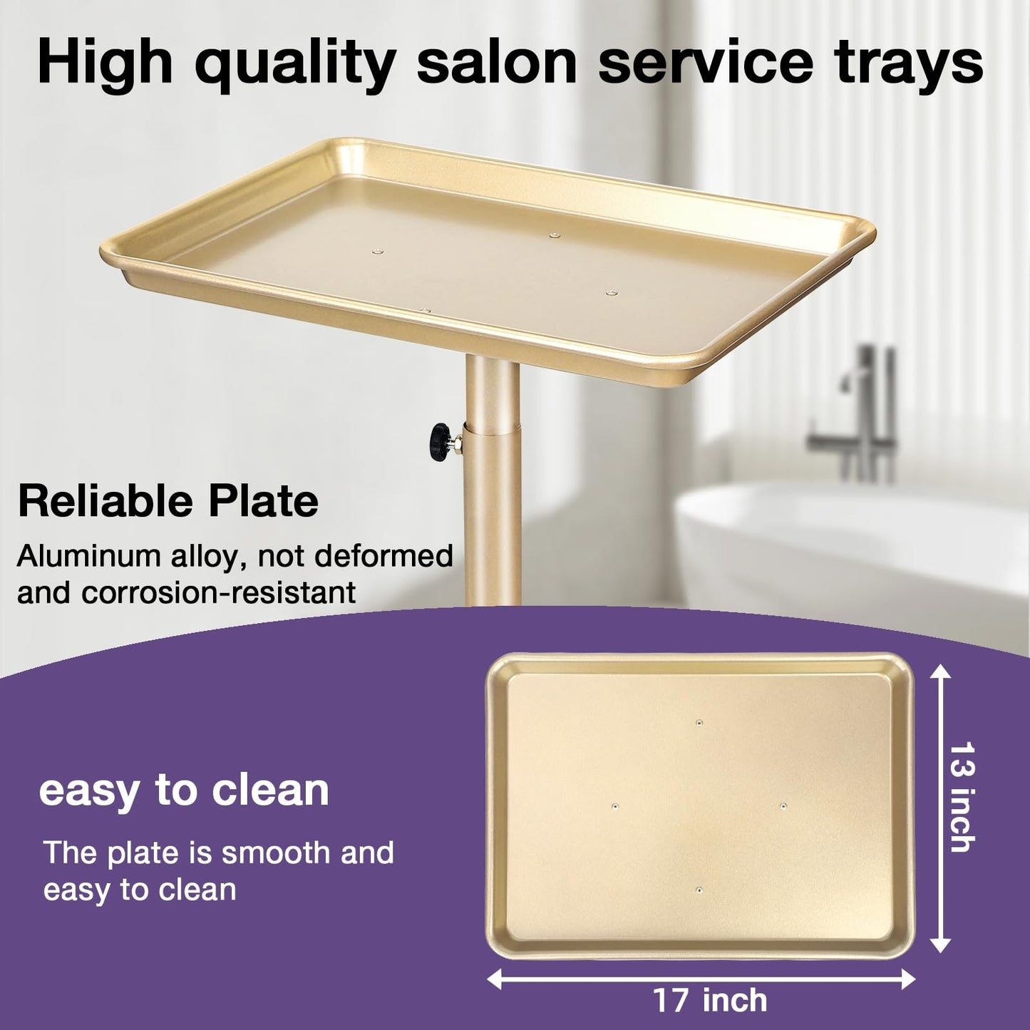 Salon Tray, Champagne Gold Salon Rolling Tray with Adjustable Height, Hair Stylist Tray, Suitable for Tattoo Tray and Dental Tray