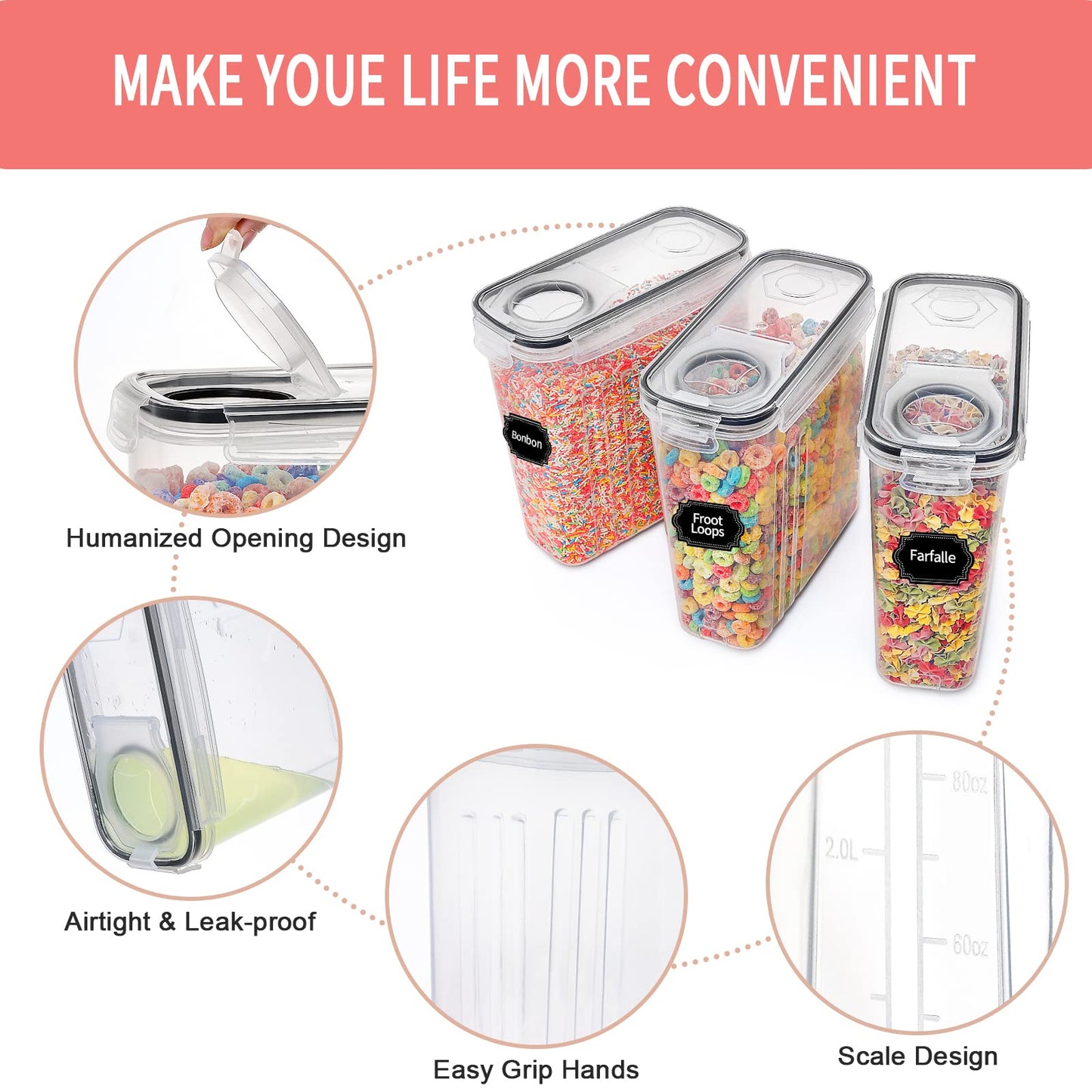 PRAKI Cereal Containers Storage Set (4L,135.2 Oz), 8PCS Airtight Food Storage Containers with Lids for Kitchen & Pantry Organizers and Storage, Cereal Dispensers with 20 labels, Measuring Cup & Marker