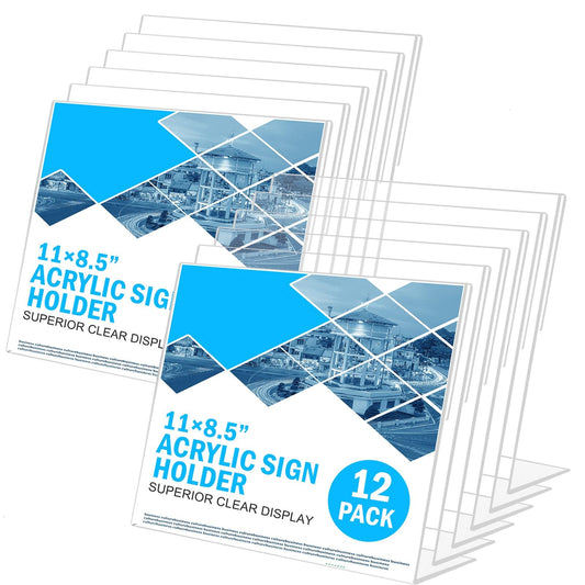 COYMOS 12 Pack Acrylic Sign Holder 8.5 x 11 Horizontal Slant Back Acrylic Stands for Display Plexiglass Clear Acrylic Display Stands for Ad Frame, Picture Photo Frames, Promotions, Restaurants, Office