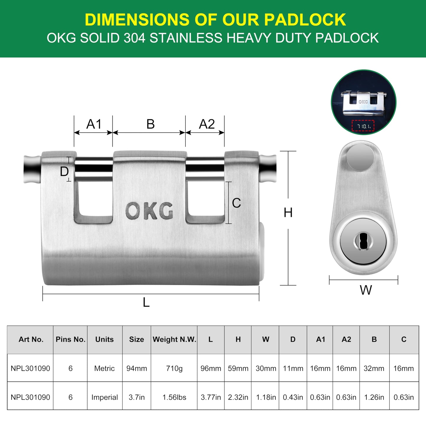 OKG Ultra Secure Stainless Steel Lock - 3 Keys, 2 Rods, Heavy Duty Solid Cast Padlock - 7/16" Shackle, Push Cylinder, Rust Proof Outdoor Lock - Combo Security Chain for 2-Wheeled Vehicle (No Chain)