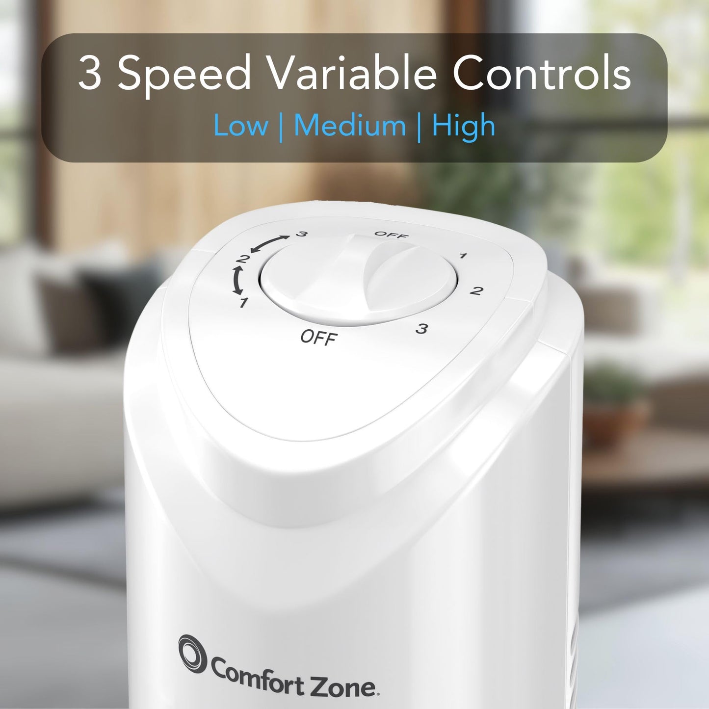 Comfort Zone 32-Inch Oscillating Tower Fan – Ultra-Slim Bladeless Design with 3 Speeds, 90° Wide Oscillation & Built-in Carry Handle – Quiet Portable Standing Fan for Bedroom, Home, or Office, White