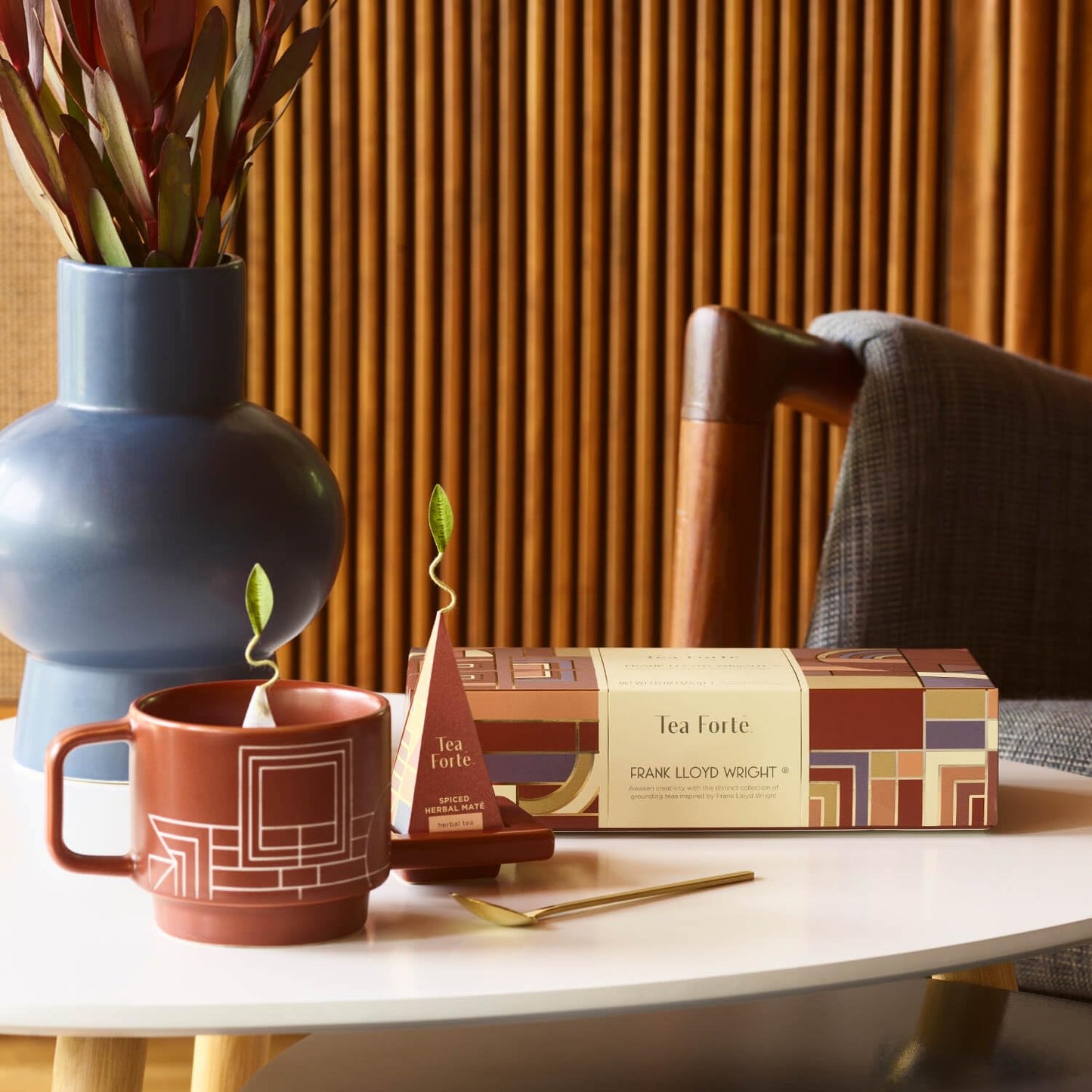 Tea Forte Terra Stoneware Teacup with Saucer, Frank Lloyd Wright, 8 oz. Stoneware Teacup for Steeping Pyramid Infusers, Dishwasher & Microwave Safe