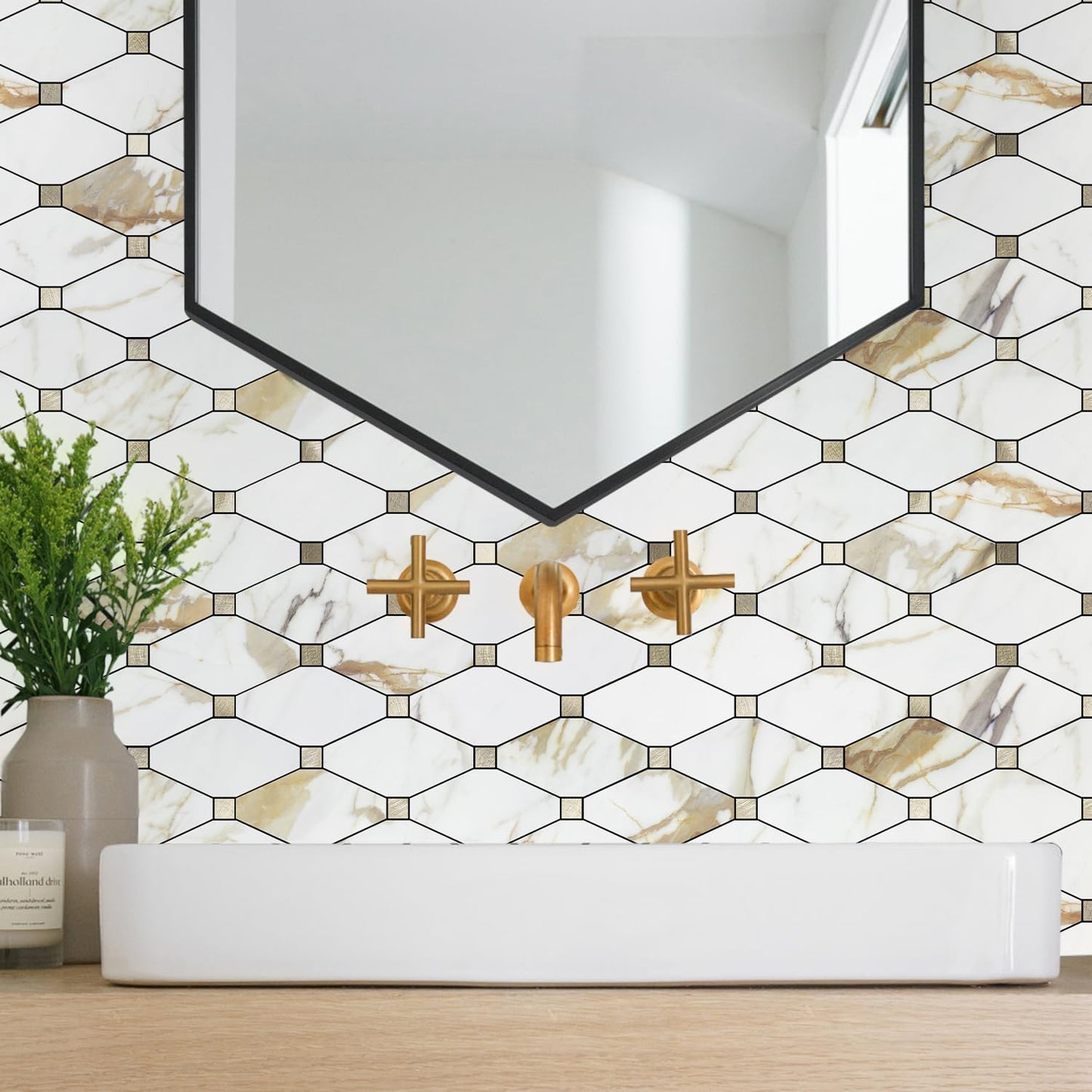 STICKGOO 10 Sheets Peel and Stick Backsplash, Calacatta Golden Stick on Aluminum Composite Tiles Stikers, Self Adhesive Mixed Metal Backsplash for Kitchen, Bathroom, Fireplace, RV