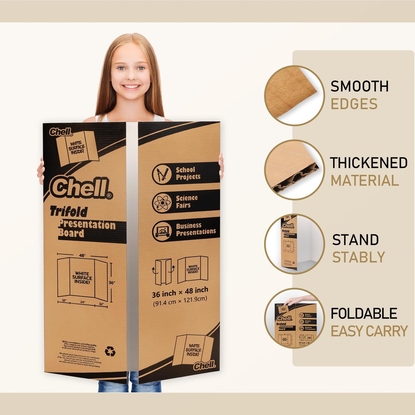 Chell 36" x 48" Large Trifold Poster Board, 4 Pack, White Corrugated Project Boards for Science Fair, School Projects, Event Displays and Business Presentations
