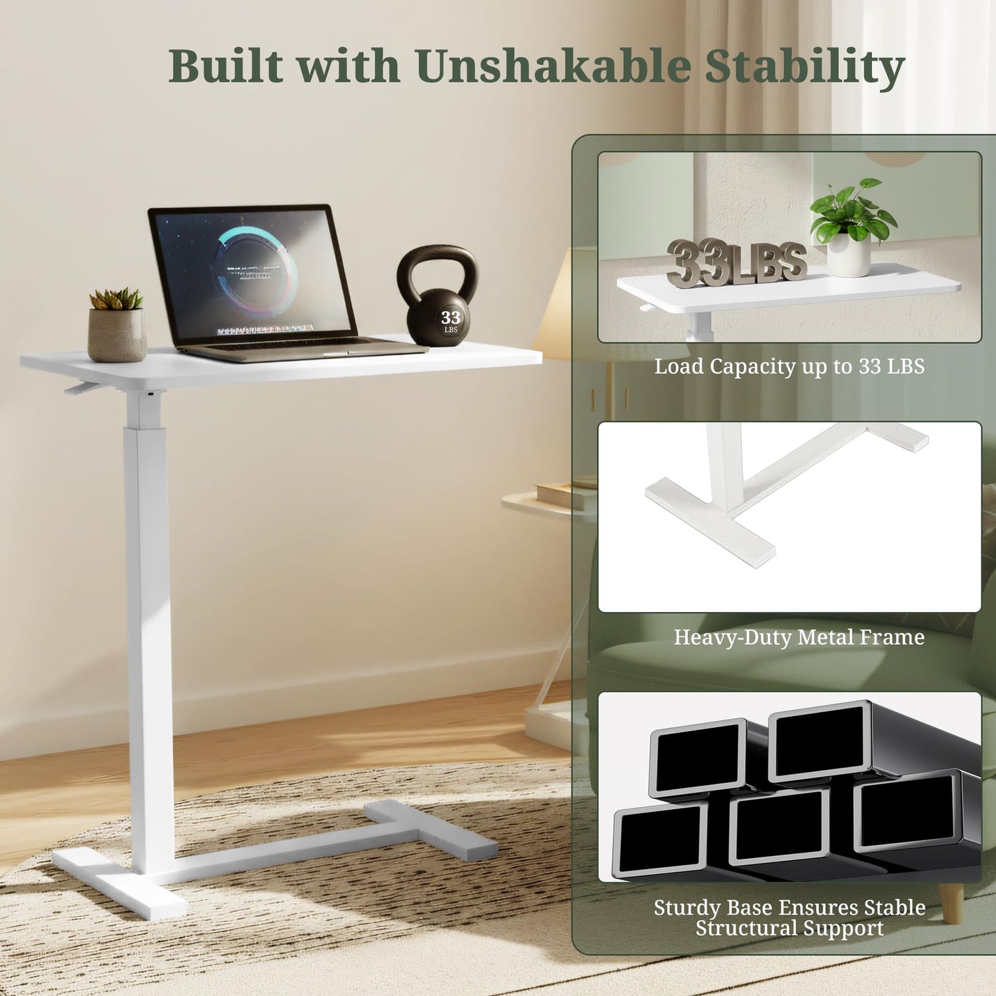 Mobile Standing Desk, Adjustable Height Desk with Hidden Casters, Portable Laptop Computer Table with Rolling Wheels, for Sit Stand Workstation, Compact and Sturdy for Home, Office, Dorm, White