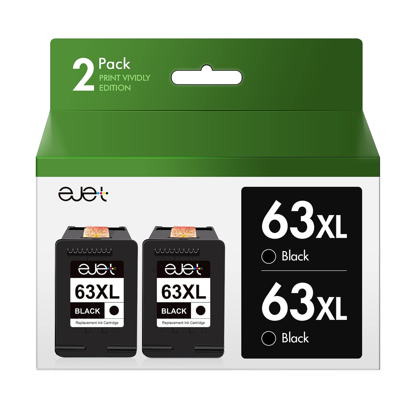 ejet Remanufactured Ink Cartridge Replacement for HP 63XL 63 XL, High Yield Work with OfficeJet 3830 4650 5255 Envy 4520 4512 4516 Deskjet 1112 3630 3634 3639 3632 2132 Printer (2 Black)