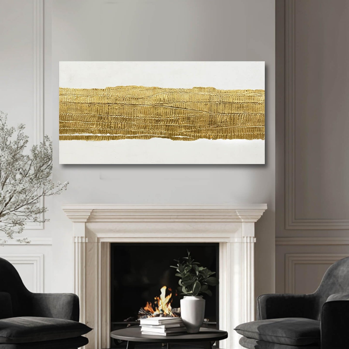 Kureful White and Gold Home Wall Decor Line Wall Decorations Modern Wall Art 24"x48" Decorative Painting for Bedroom Kitchen Pictures