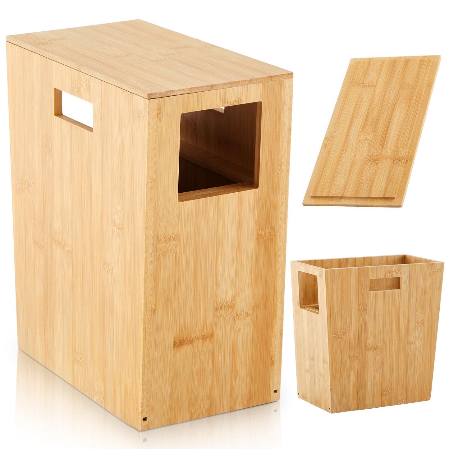 Reallnaive Slim Bamboo Trash Can for Bathroom Small Wooden Trash Can with Lid Wooden Waste Bin with Handle for Bathroom, Home, Office, Laundry, Bedroom, Kitchen, Living Room,12.9'' x 6.4'' x 13.3''