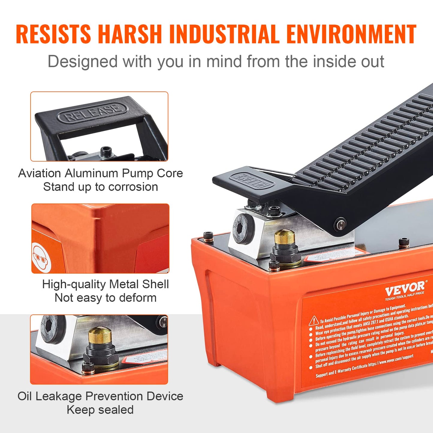 VEVOR Air Hydraulic Pump, 10,000 PSI 1/2 Gal Reservoir, NPT 3/8" Oil Outlet, NPT 1/4" Inlet, 6.6 ft Pipe, Foot Actuated Hydraulic Pump Air Treadle for Auto Body Frame Machines and Pulling Post, Orange