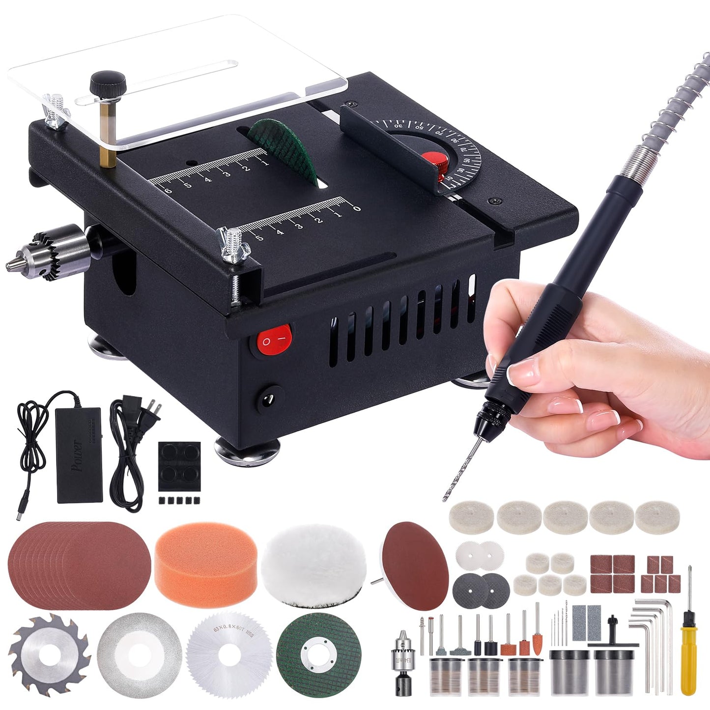 Vislone 100W Mini Table Saw Desktop Electric Saw Cutter 7-Speed Angle Adjustable Lift Blade 0-0.63in(0-16mm) Cutting Depth with Blade Flexible Shaft for DIY Hobby Wood Plastic Acrylic Cutting