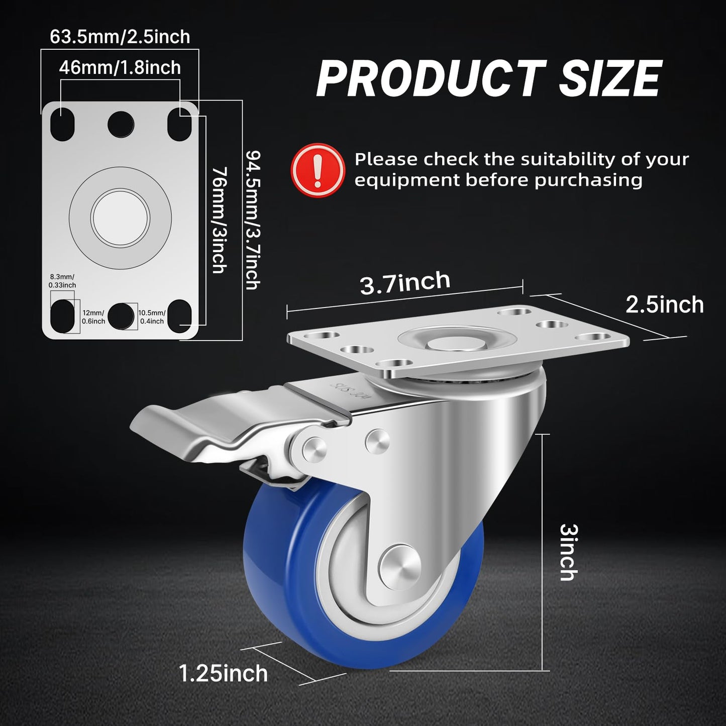 Nefish Stainless Steel Castor Wheels 3 Inch with Brake,Rust-Proof 304 Heavy Duty Casters Set of 4, Anti-Corrosion Industrial Stainless Steel Caster for Furniture,Labs,Restaurants,Outdoor