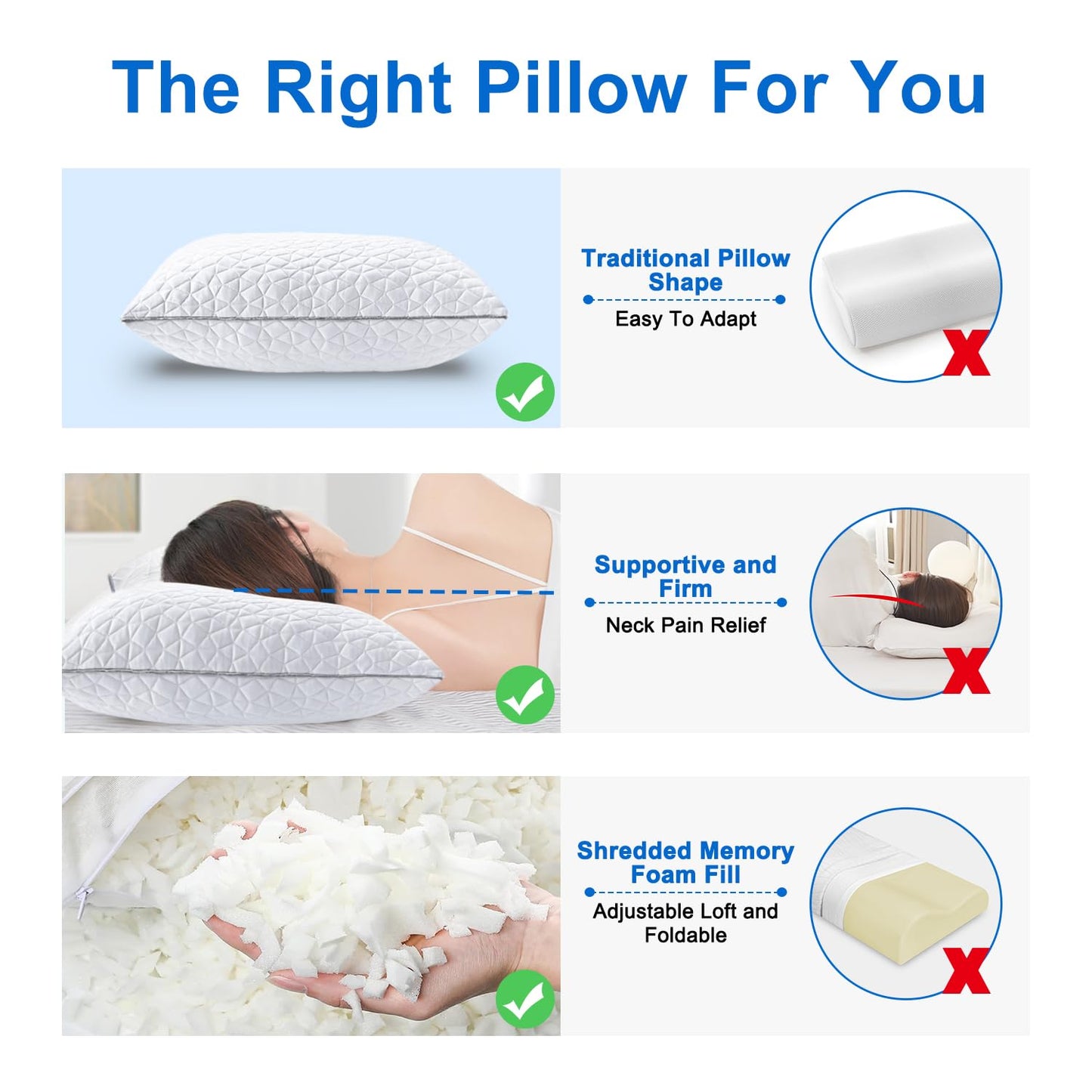 Cooling King Size Pillows Set of 2, Shredded Memory Foam Pillows, Adjustable Firm Bed Pillows Cool Cold Pillow for Hot Side Back Stomach Sleepers with Removable Washable Cover, 20" x 36", White