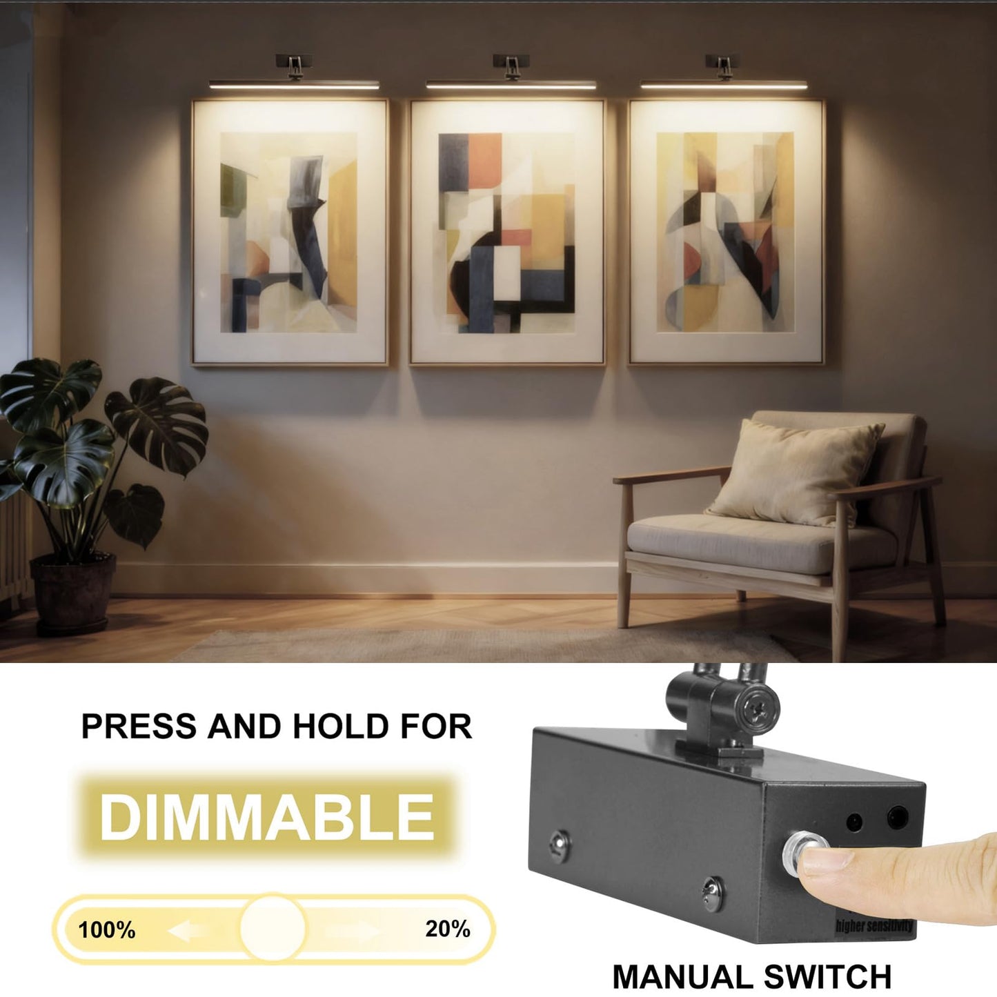 Yuichoy 2 Pack Picture Lights for Wall Battery Operated, 16 inch Wireless Art Lighting for Painting, 6 Colors Picture Frame Lights with Remote, Dimmable 5200mAh Gallery Light, Black
