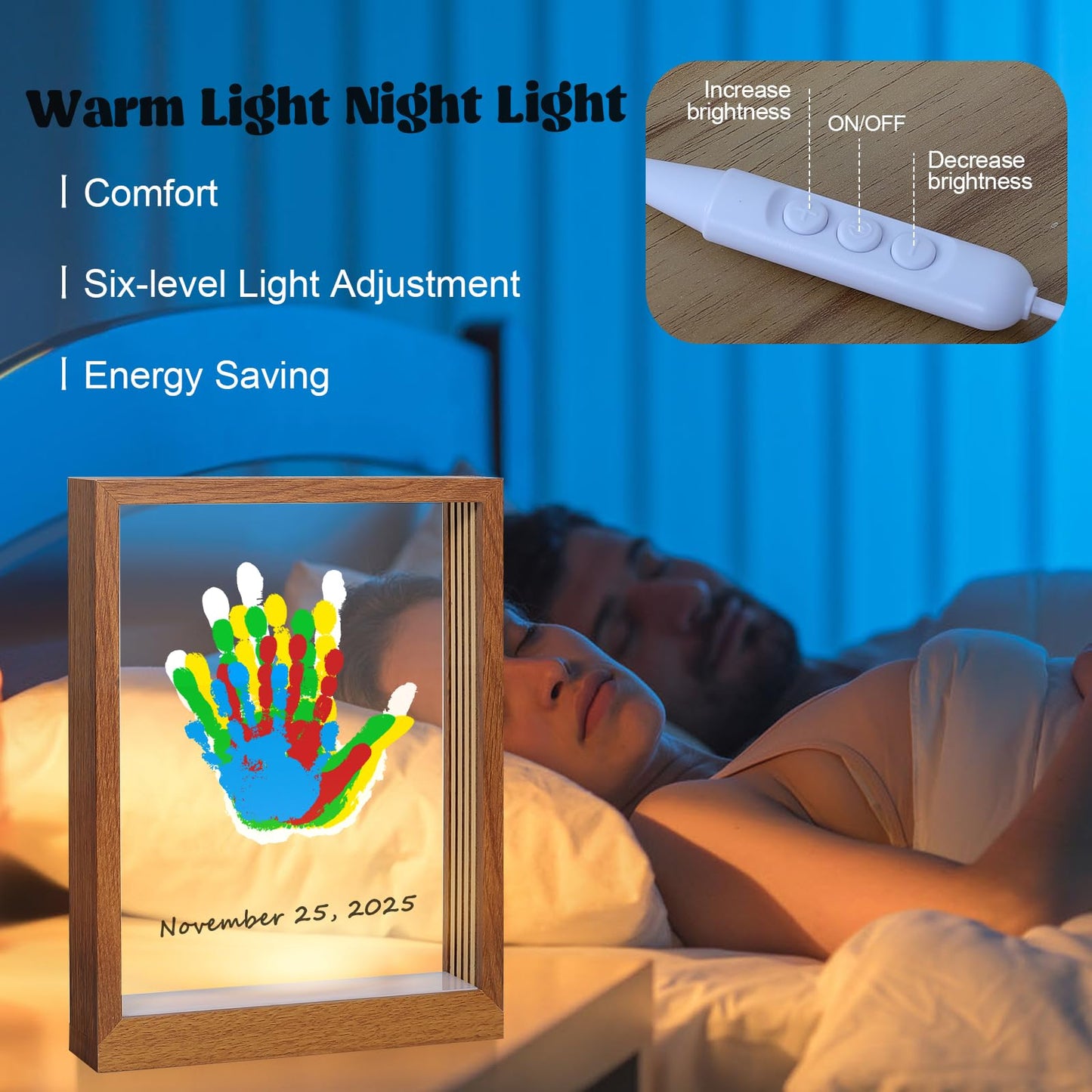 Bixinyo Family Handprint Kit with Light, Baby Hand and Footprint Keepsake Wooden Frame, Family Gifts for Mom, Women, New Parents, Mother's Day, Adoption Gifts, 5 Non-Toxic Paints (Light, Brown)